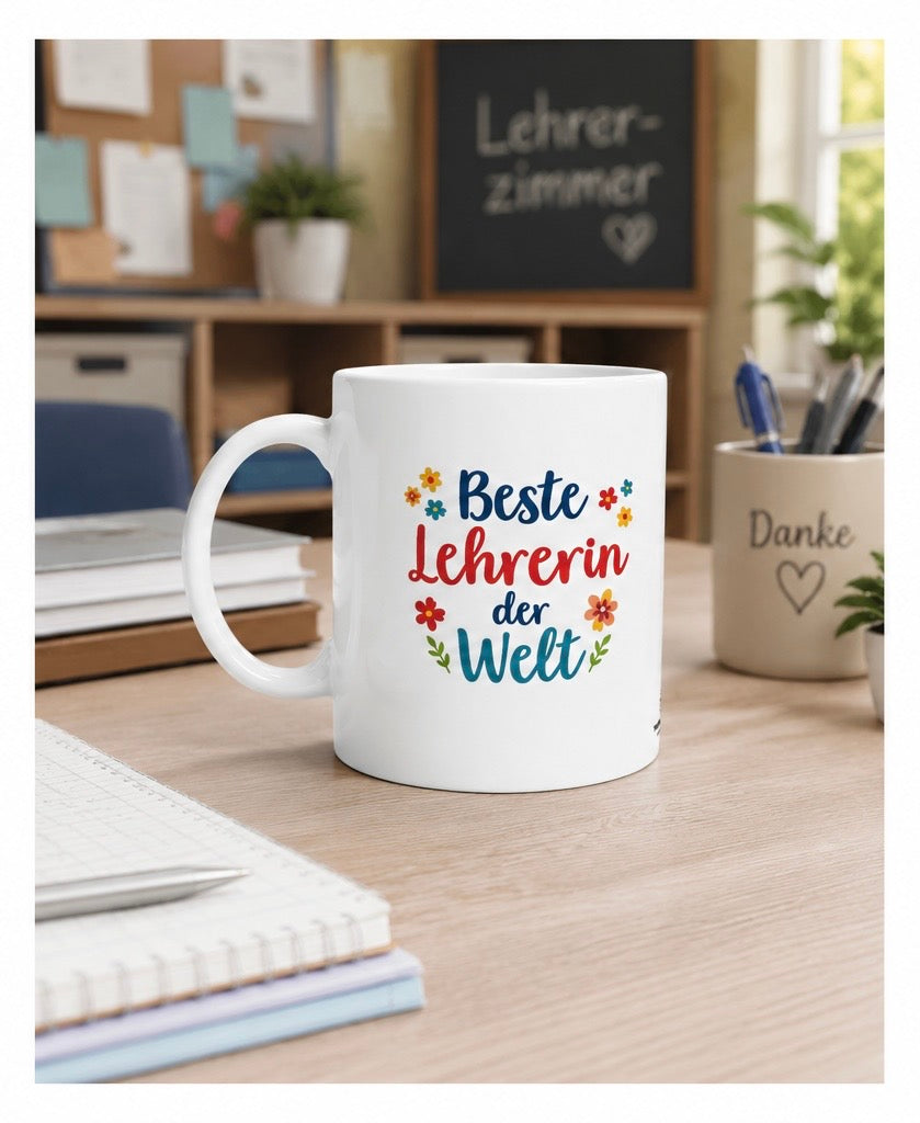 Lehrertasse | Beste Lehrerin der Welt – Tasse mit buntem Blumenmotiv | Geschenk für Lehrerinnen