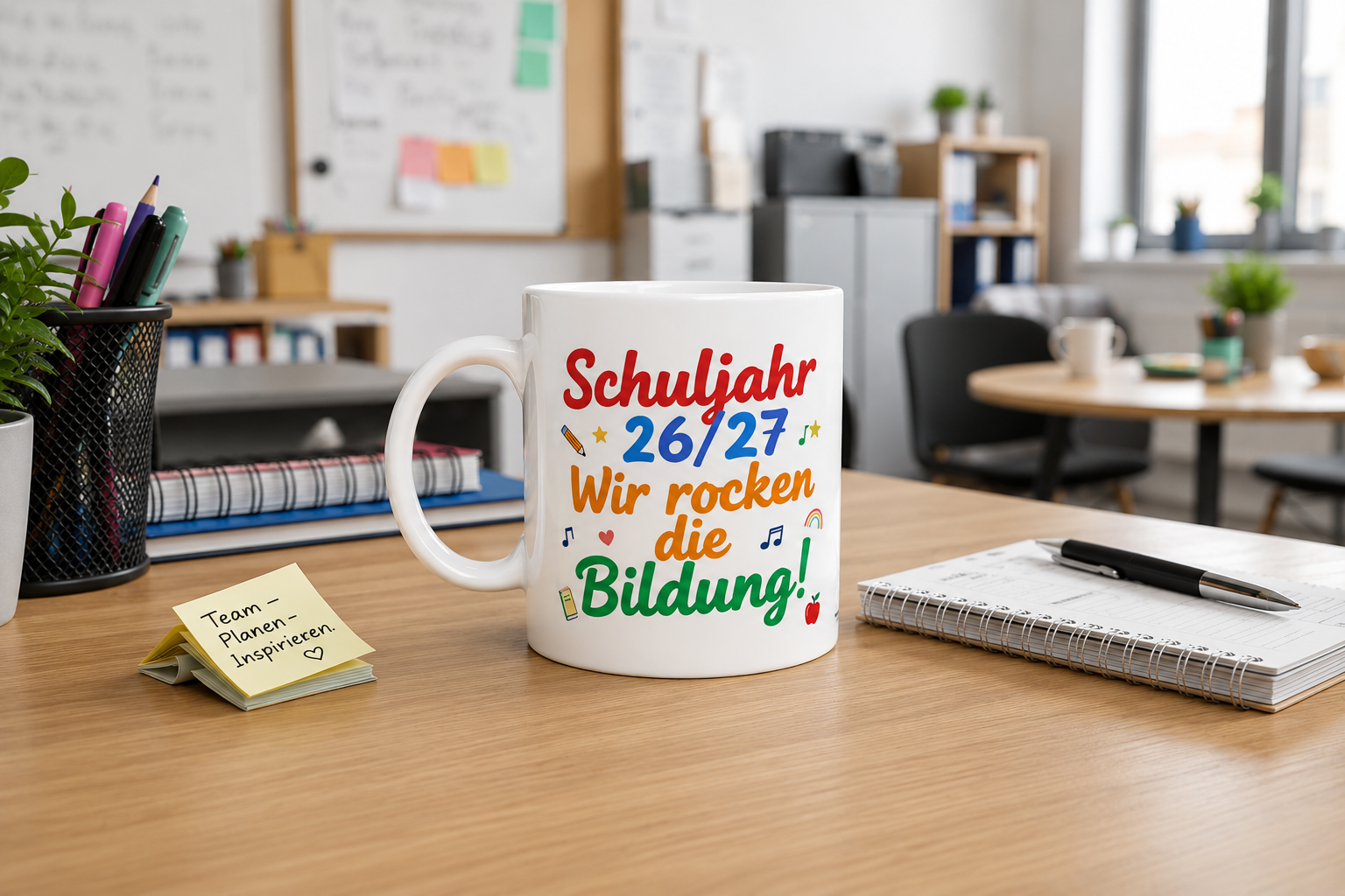 Weiße Keramiktasse mit der Aufschrift „Schuljahr 26/27 – Wir rocken die Bildung!“ auf einem Schreibtisch im Lehrerzimmer.