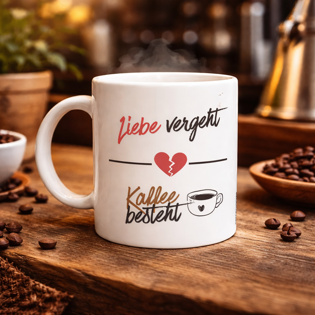 Tasse mit Spruch „Liebe vergeht – Kaffee besteht“ Version 2 | Freches Design für Kaffeeliebhaber | Tassenworte