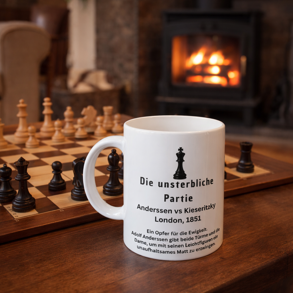 Schach-Tasse „Die unsterbliche Partie“ – Anderssen vs. Kieseritzky 1851 – Edle Keramik | Tassenworte
