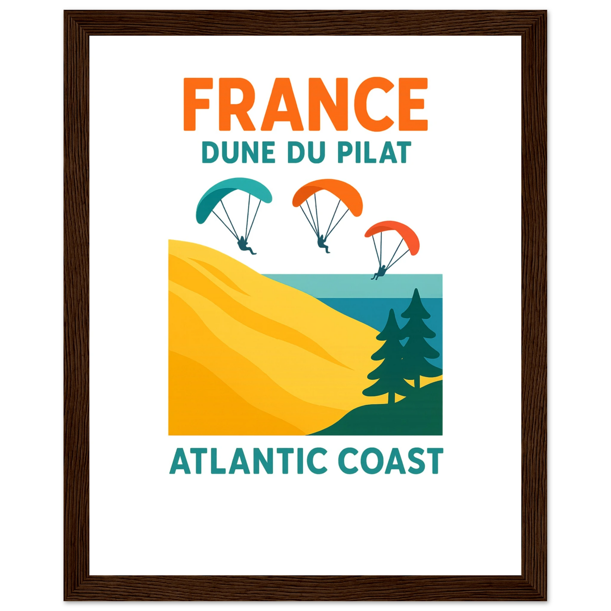 Ein gerahmtes Poster mit einem Vintage-Reiseplakat-Stil. Der Titel lautet „FRANCE DUNE DU PILAT“ in kräftigen orangefarbenen und türkisfarbenen Buchstaben. Das Hauptmotiv zeigt eine stilisierte Darstellung der Dune du Pilat mit großen, gelben Sanddünen, die zu einem türkisfarbenen Meer abfallen. Im Vordergrund sind drei farbige Gleitschirme (türkis, orange, rot) mit darunter hängenden Silhouetten von Menschen zu sehen. Am rechten unteren Bildrand befinden sich zwei stilisierte grüne Kiefern. Atlantic Coast.