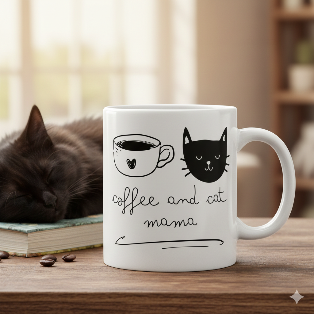 Weiße Keramiktasse mit der Aufschrift „coffee and cat mama“, illustriert mit einer Kaffeetasse und einem Katzenkopf; daneben schläft eine flauschige Katze auf einem Buch auf einem Holztisch, Kaffeebohnen liegen davor, warmer Wohnraum im Hintergrund.