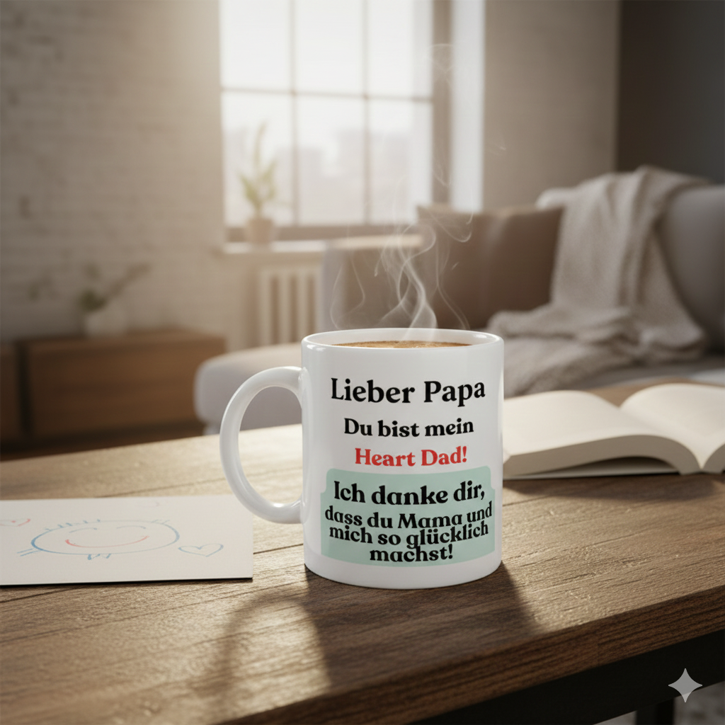 Weißes Mockup einer Keramiktasse mit Dampf, gefüllt mit Kaffee, platziert auf einem Holzschreibtisch. Der Tassenaufdruck zeigt den personalisierten Text "Lieber Papa Du bist mein Heart Dad! Ich danke dir, dass du Mama und mich so glücklich machst!". Im Hintergrund ist ein sonnendurchflutetes Wohnzimmer mit einem Sofa und einem aufgeschlagenen Buch zu sehen.