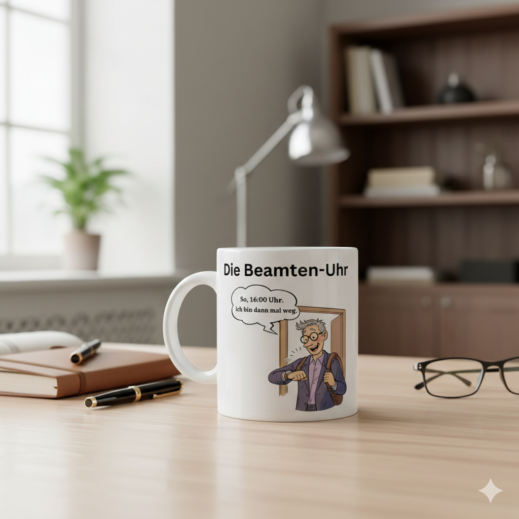 Lustige Kaffeetasse „Beamten-Uhr“ – Geschenk für Kollegen & Büro | Tassenworte