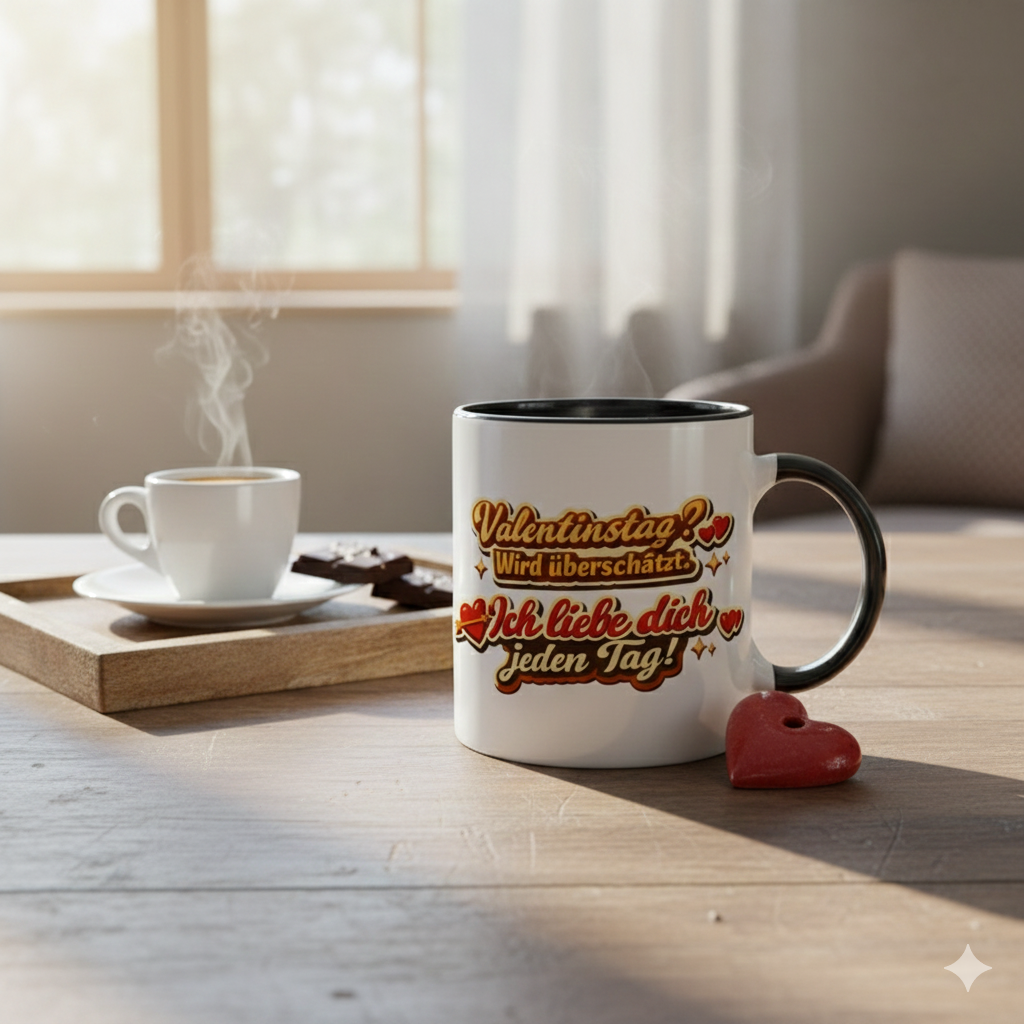 Valentinstag Tasse – „Valentinstag? Wird überschätzt. Ich liebe dich jeden Tag“ | Lustige Geschenkidee für Paare