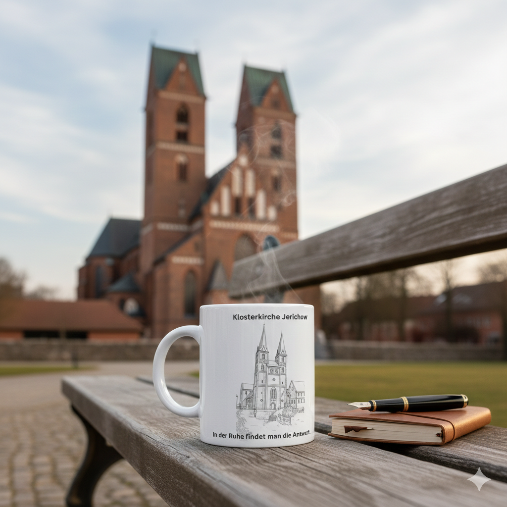Tasse Kloster-Kirche Jerichow | Line-Art Design & Spruch | Geschenk Achtsamkeit