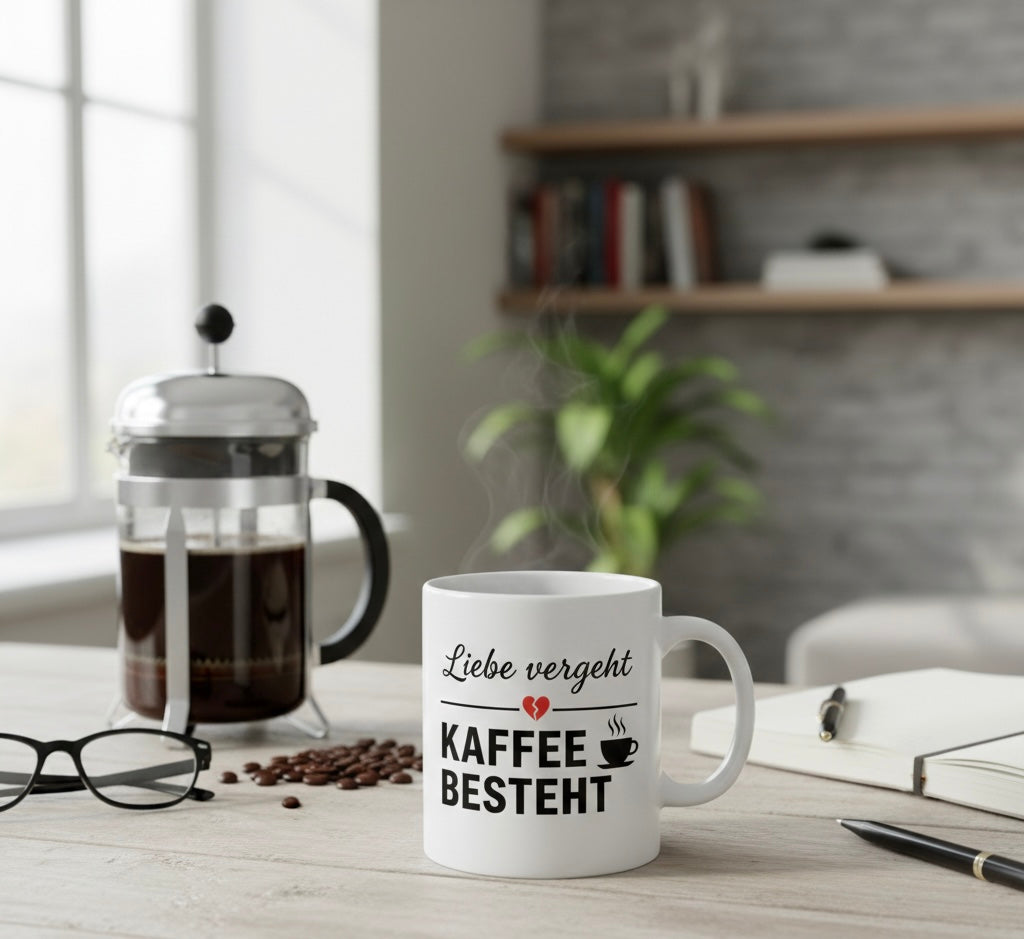 Tasse mit Spruch „Liebe vergeht – Kaffee besteht“ | Freches Design für Kaffeeliebhaber | Tassenworte