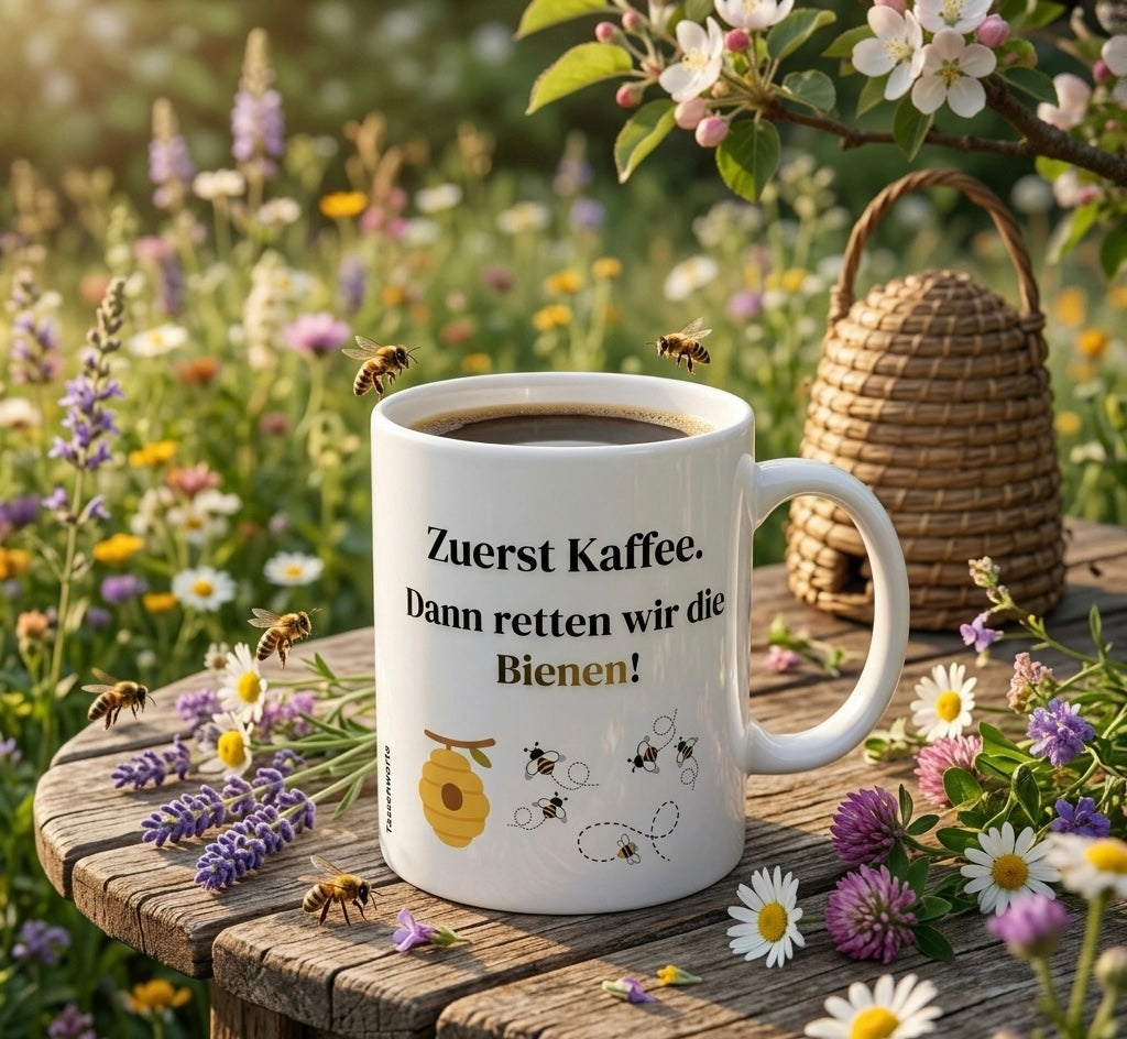 Bienen retten Tasse – Lustiger „Zuerst Kaffee“ Becher für Imker & Fans | Tassenworte