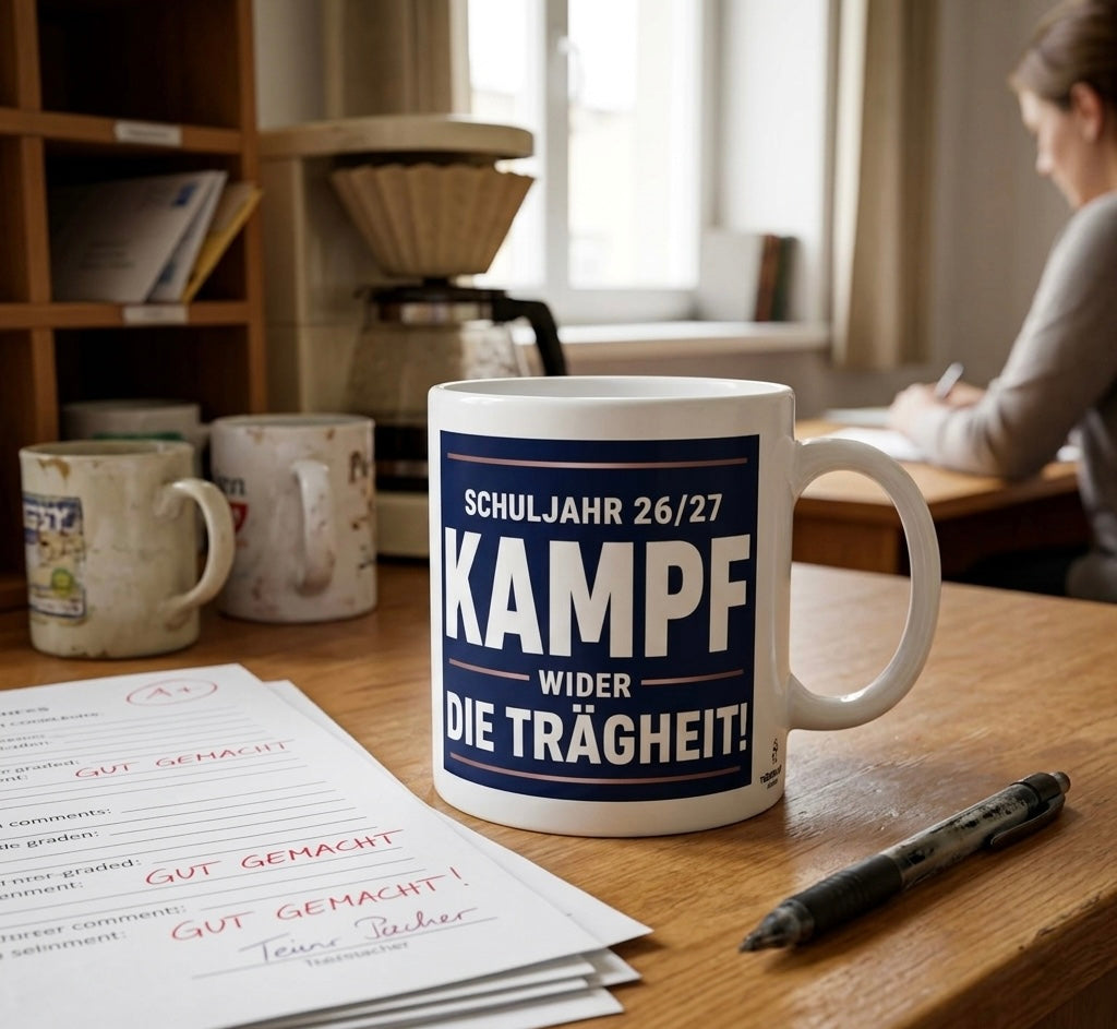 Lehrertasse „Schuljahr 26/27 – Kampf wider die Trägheit!“ – Lustige Tasse für Lehrer & Referendare