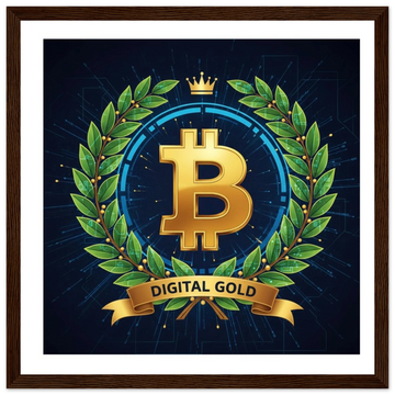 Ein quadratisches Krypto-Poster in einem edlen, dunklen Holzrahmen mit weißem Passepartout. Zentral abgebildet ist ein glänzendes, goldenes Bitcoin-Symbol (₿), das von einem dichten, grünen Lorbeerkranz mit goldenen Beeren und einer kleinen goldenen Krone an der Spitze umschlossen wird. Am unteren Ende des Kranzes schwebt ein goldenes Banner mit der Aufschrift „DIGITAL GOLD“. Der Hintergrund ist dunkelblau und zeigt filigrane, leuchtende Schaltkreis-Linien.