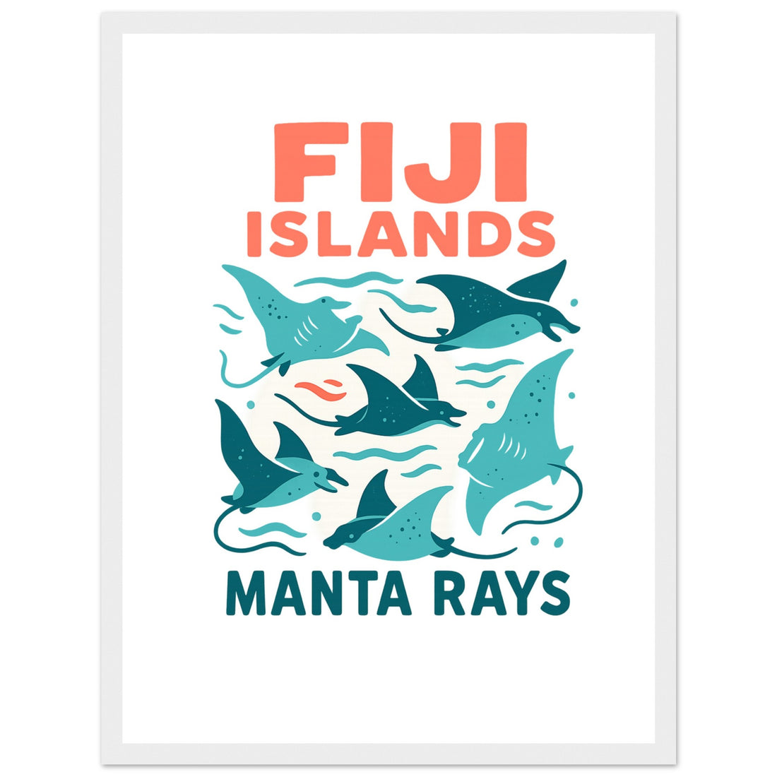 Ein modernes, illustriertes Poster im Flat-Design-Stil. Oben steht der Text „FIJI ISLANDS“ in kräftigen, lachsfarbenen Großbuchstaben. In der Mitte sind fünf stilisierte Mantarochen in verschiedenen Türkis- und Blautönen dargestellt, die zwischen sanften Wellenlinien schwimmen. Kleine Punkte und organische Formen unterstreichen die Unterwasser-Atmosphäre. Am unteren Rand steht der Schriftzug „MANTA RAYS“ in einer dunklen, teal-farbenen Schrift. Das gesamte Motiv ist auf einem sauberen, weißen Hintergrund.