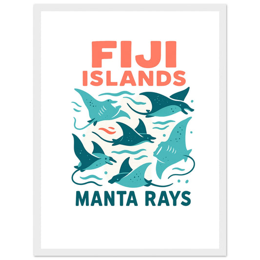 Ein modernes, illustriertes Poster im Flat-Design-Stil. Oben steht der Text „FIJI ISLANDS“ in kräftigen, lachsfarbenen Großbuchstaben. In der Mitte sind fünf stilisierte Mantarochen in verschiedenen Türkis- und Blautönen dargestellt, die zwischen sanften Wellenlinien schwimmen. Kleine Punkte und organische Formen unterstreichen die Unterwasser-Atmosphäre. Am unteren Rand steht der Schriftzug „MANTA RAYS“ in einer dunklen, teal-farbenen Schrift. Das gesamte Motiv ist auf einem sauberen, weißen Hintergrund.