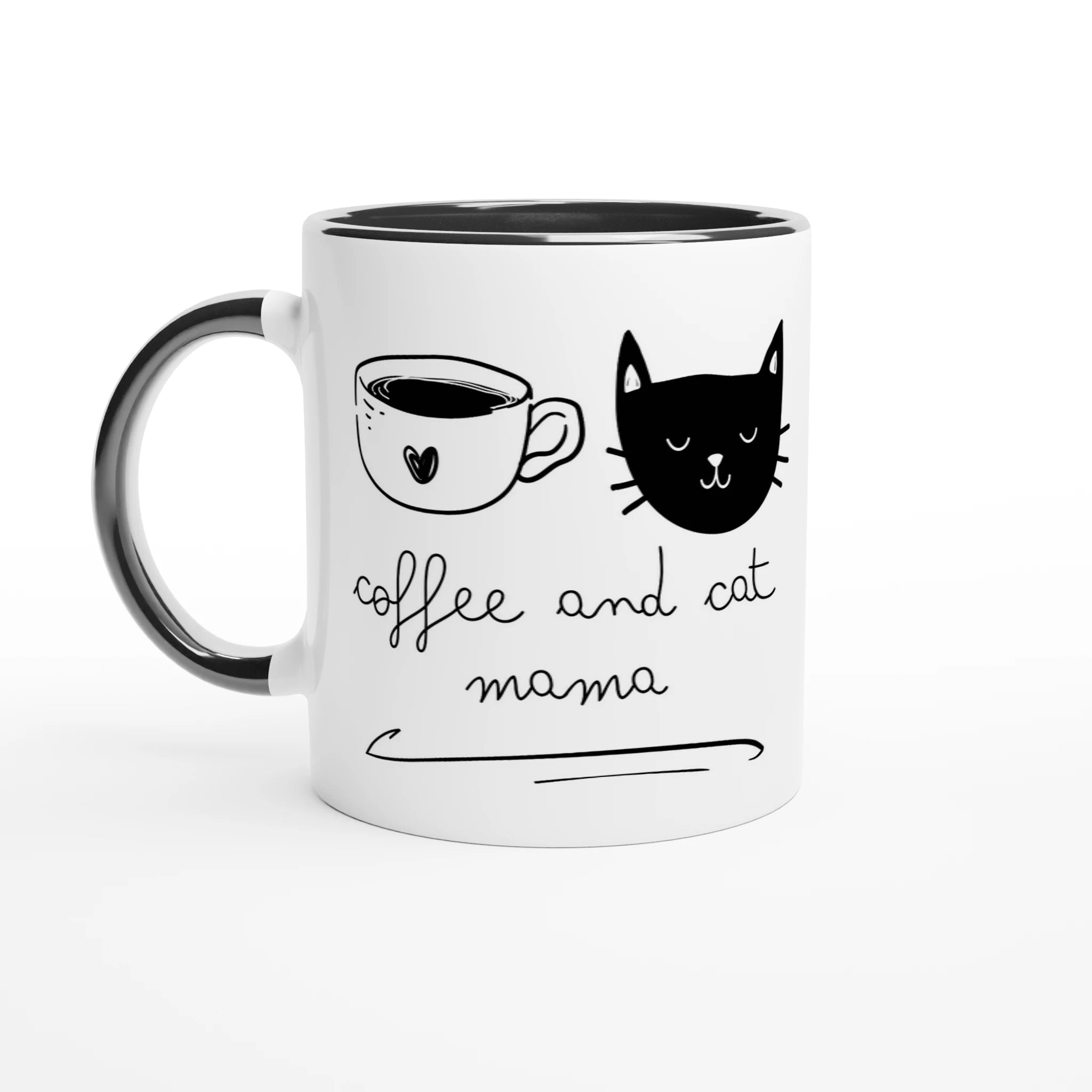 Ein Mockup einer weißen Kaffeetasse mit schwarzem Innenrand und schwarzem Henkel. Das Design zeigt eine handgezeichnete Illustration einer Kaffeetasse mit Herzchen und einen schwarzen Katzenkopf. Darunter steht in verspielter Schreibschrift der Text „coffee and cat mama“, unterstrichen mit einer geschwungenen Linie.