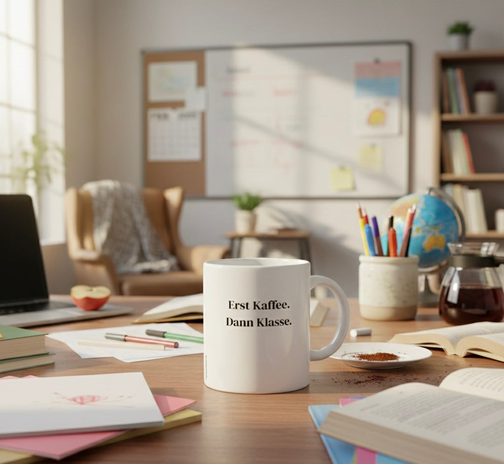 Eine weiße Kaffeetasse steht im Fokus auf einem hölzernen Schreibtisch in einem hellen, freundlichen Lehrerzimmer. Auf der Tasse ist in klarer, schwarzer Serifenschrift der Spruch „Erst Kaffee. Dann Klasse.“ aufgedruckt. Der Hintergrund zeigt eine authentische Schulumgebung mit aufgeschlagenen Büchern, bunten Stiften, einem Laptop und einem Globus, während im unscharfen Hintergrund ein Whiteboard und ein Bücherregal zu sehen sind.