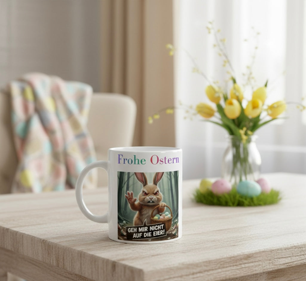 Ein grimmig aussehender Osterhase hält einen Korb mit bunten Eiern in der Hand. Er sieht wütend aus und sagt in einer schwarzen Sprechblase geschrieben: Geh mir nicht auf die Eier.