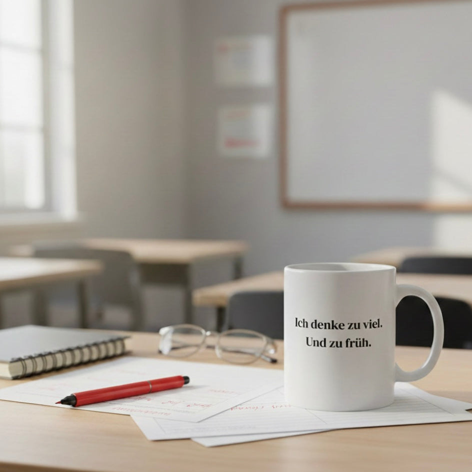 Nahaufnahme einer weißen Keramiktasse auf einem Lehrerschreibtisch am frühen Morgen. Auf der Tasse steht in schwarzer Serifenschrift: ‚Ich denke zu viel. Und zu früh.‘ Die Szene ist in weiches, natürliches Morgenlicht von links getaucht. Im Hintergrund liegen korrigierte Schülerarbeiten mit roten Markierungen, ein roter Korrekturstift, ein Notizbuch und eine Lesebrille in einem minimalistischen, ruhig wirkenden Klassenzimmer.
