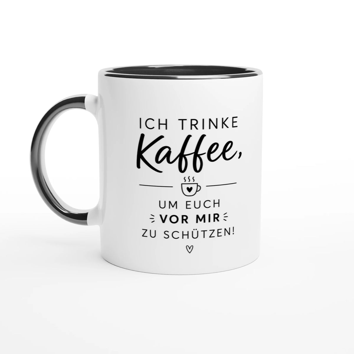 Minimalistisches Tassen-Design mit dem Spruch „Ich trinke Kaffee, um euch vor mir zu schützen!“ in moderner Typografie auf hellem Hintergrund.