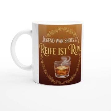 Design-Grafik mit dem Text „Jugend war Shots. Reife ist Rum.“ in eleganter Gold-Schrift auf edlem, braunem Farbverlauf.