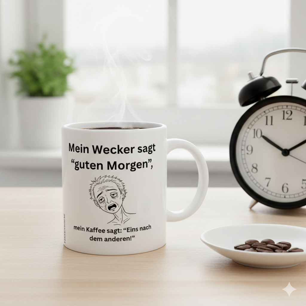 Ein weißes Tassen-Mockup mit dem Spruch "Mein Wecker sagt 'guten Morgen', mein Kaffee sagt: 'Eins nach dem anderen!'" und einer Schwarz-Weiß-Strichzeichnung eines übermüdeten Gesichts. Die Tasse steht auf einem Holztisch neben einem schwarzen Wecker und einer Untertasse mit Kaffeebohnen, im Hintergrund ist ein Fenster mit einer Pflanze zu sehen.