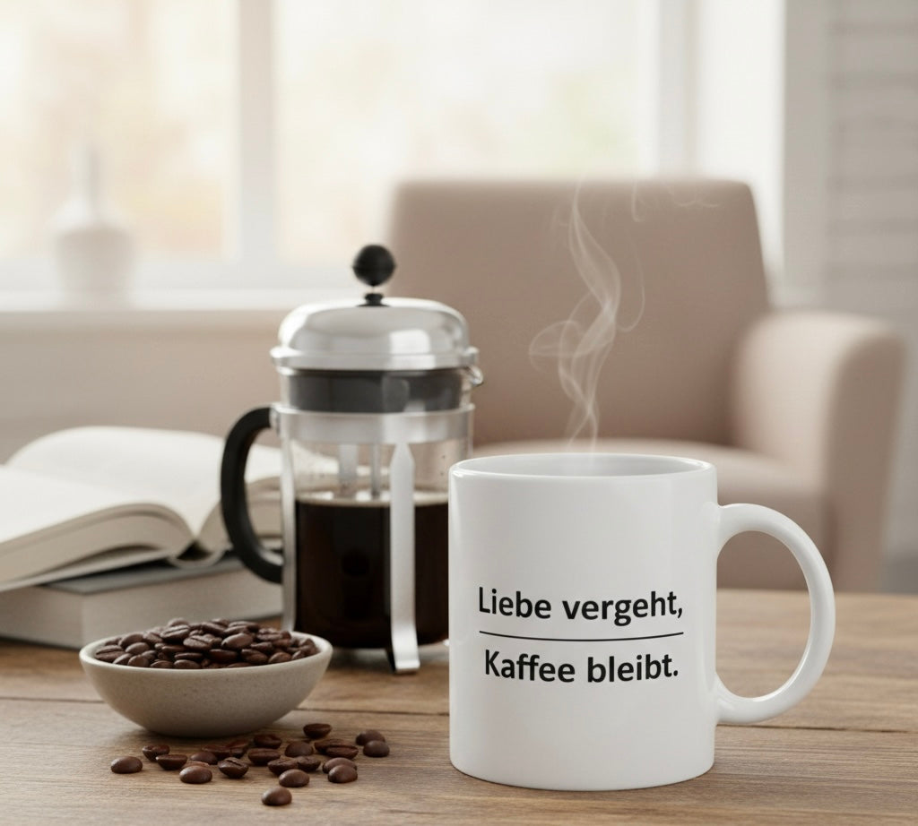 Weiße Kaffeetasse mit Aufdruck „Liebe vergeht. Kaffee bleibt.“ auf Holztisch neben French Press und Kaffeebohnen
