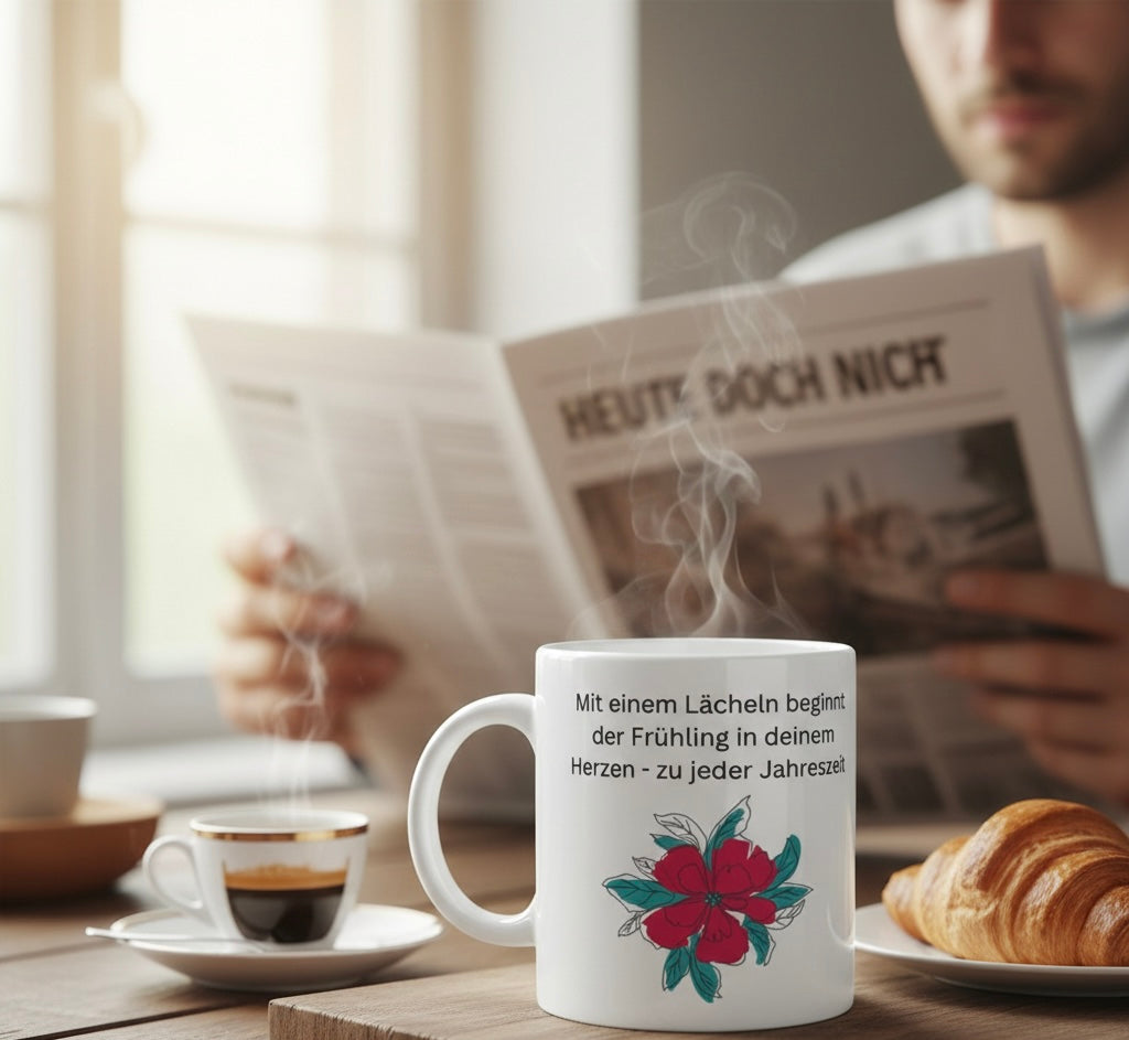Eine weiße Keramiktasse steht im Fokus auf einem rustikalen Holztisch. Auf der Tasse ist eine rote Blüte mit grünen Blättern sowie der Text „Mit einem Lächeln beginnt der Frühling in deinem Herzen – zu jeder Jahreszeit“ abgebildet. Im unscharfen Hintergrund sitzt ein Mann an einem hellen Fenstertisch und liest eine Zeitung. Neben der Tasse steht ein Teller mit einem frischen Croissant und eine kleine Tasse Espresso, von der leichter Dampf aufsteigt.