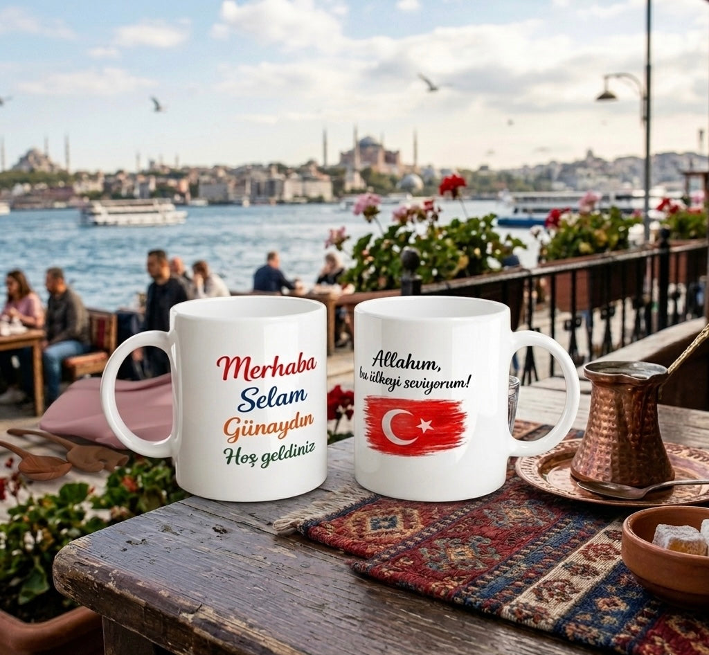 Zwei Keramiktassen mit türkischen Motiven auf einem Holztisch in einem Straßencafé in Istanbul am Bosporus. Eine Tasse zeigt die Wörter „Merhaba, Selam, Günaydın, Hoş geldiniz“, die andere eine türkische Flagge mit dem Text „Allahım, bu ülkeyi seviyorum“, im Hintergrund Minarette und die Skyline von Istanbul.