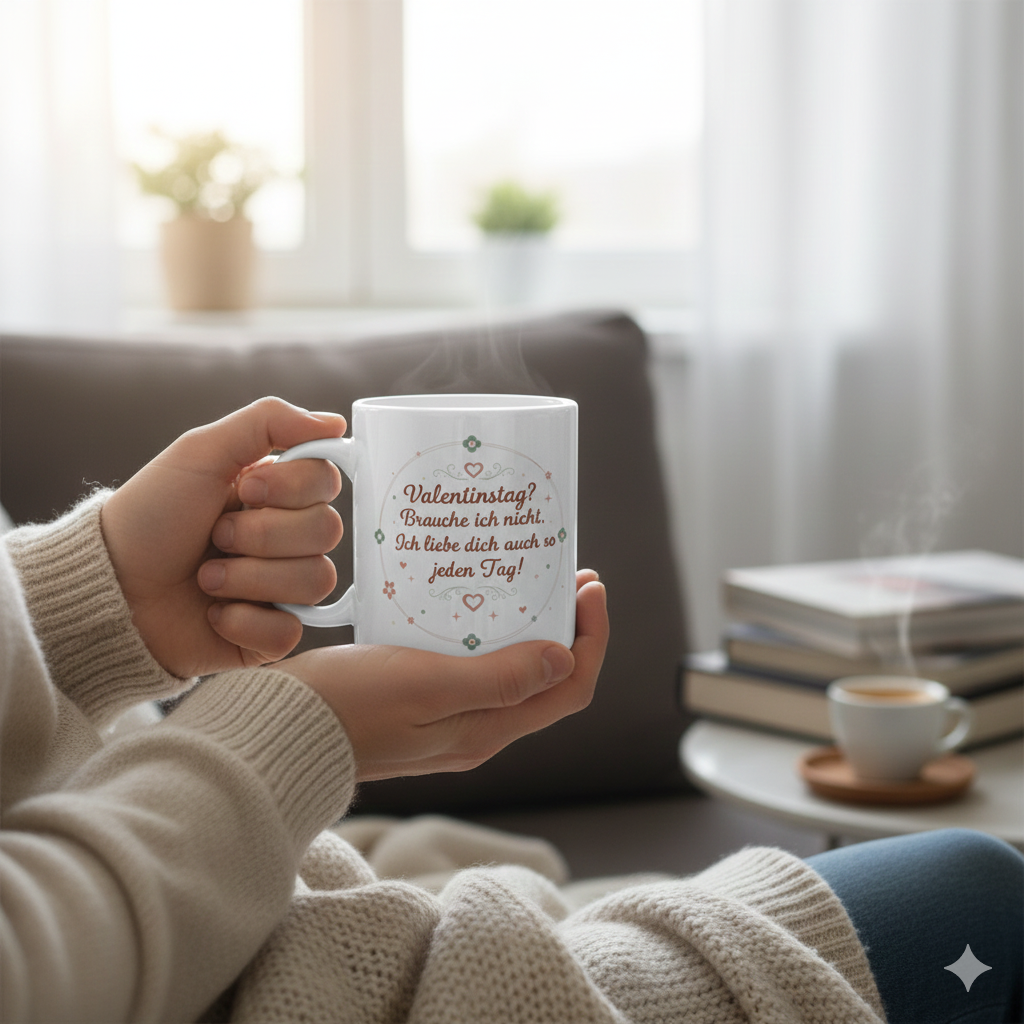 Nahaufnahme einer Person, die eine weiße Keramiktasse mit beiden Händen hält. Auf der Tasse ist ein florales Design mit dem Spruch „Valentinstag? Brauche ich nicht. Ich liebe dich auch so jeden Tag!“ zu sehen. Die Szene ist in helles, natürliches Licht getaucht und wirkt durch die weichen Pastelltöne der Blumenverzierung besonders herzlich und authentisch.
