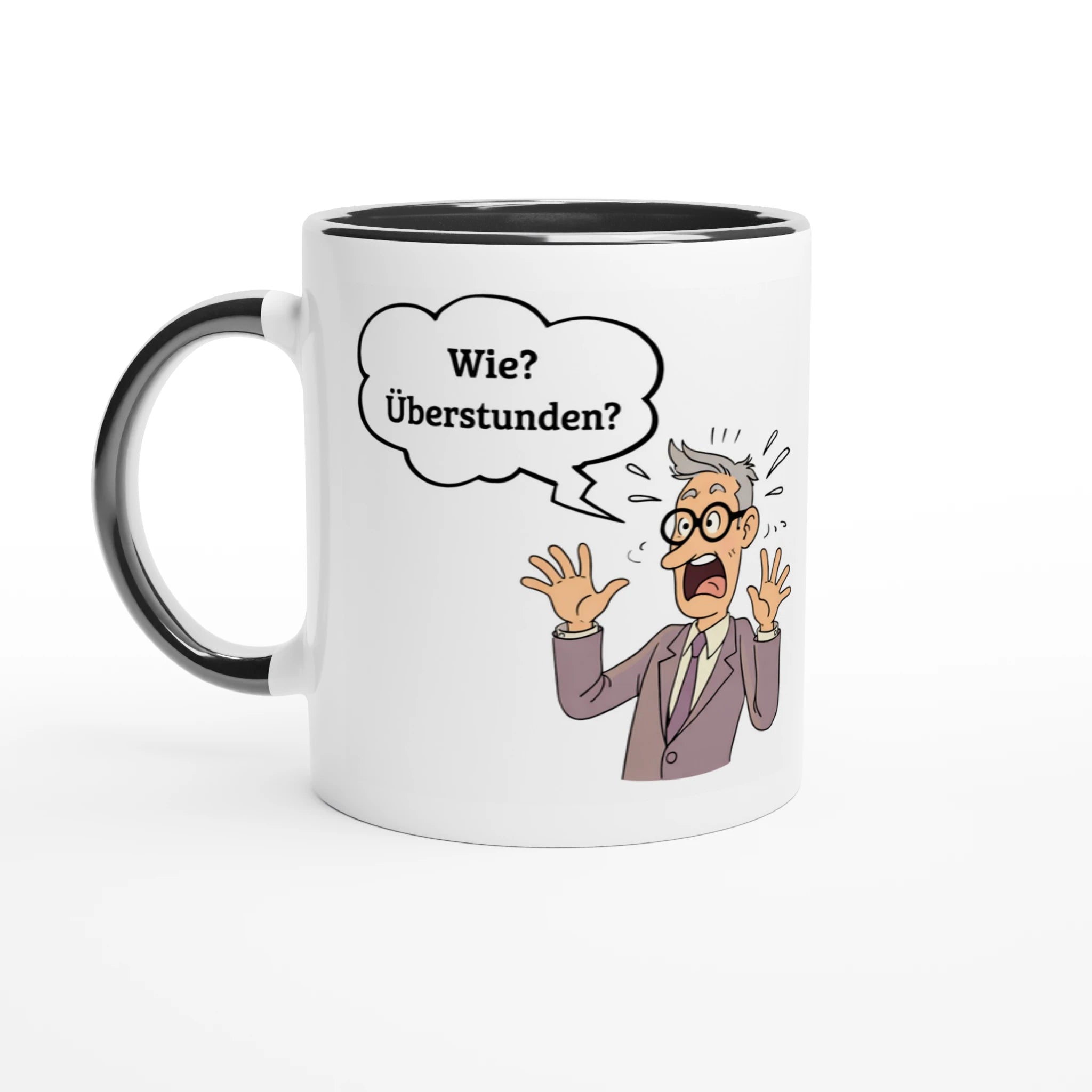 Comic-Illustration eines Mannes im Anzug mit Brille, der völlig entsetzt und mit weit aufgerissenem Mund die Hände hochreißt. Über ihm schwebt eine Gedankenblase mit dem Text: „Wie? Überstunden?“. Schweißtropfen fliegen von seinem Kopf weg, um die Panik zu unterstreichen.