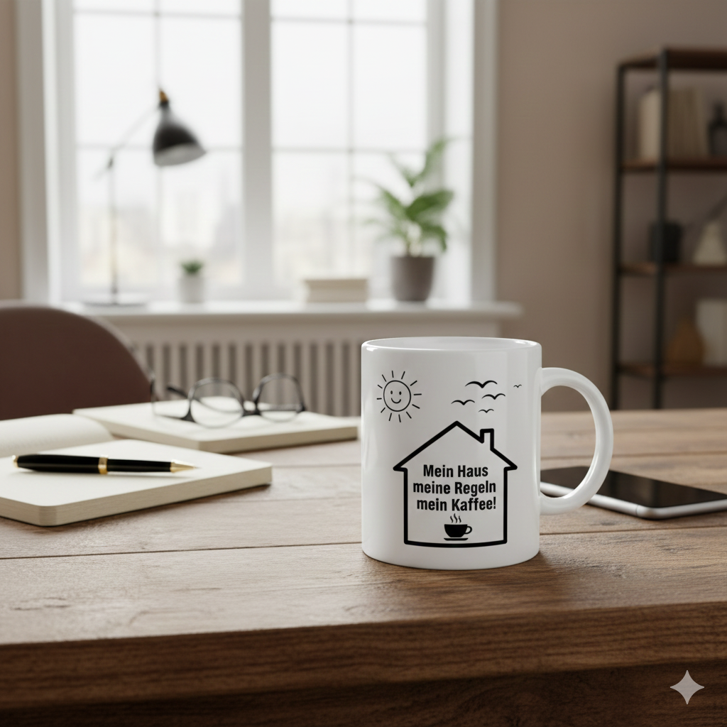 Rustikale Kaffeetasse mit Spruch 'Mein Haus, meine Regeln, mein Kaffee' auf einem Holztisch, gemütliche Frühstücksatmosphäre, Geschenkidee zum Einzug oder für das Homeoffice.