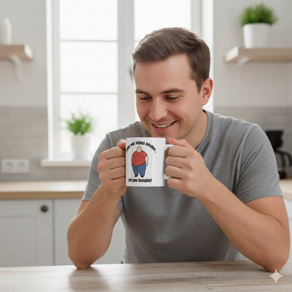 Bedruckte Tasse: Spruch "Früher war vieles leichter" – Cartoon Design übergewichtiger Mann – Witzige Geschenkidee | Tassenworte - Tassenworte