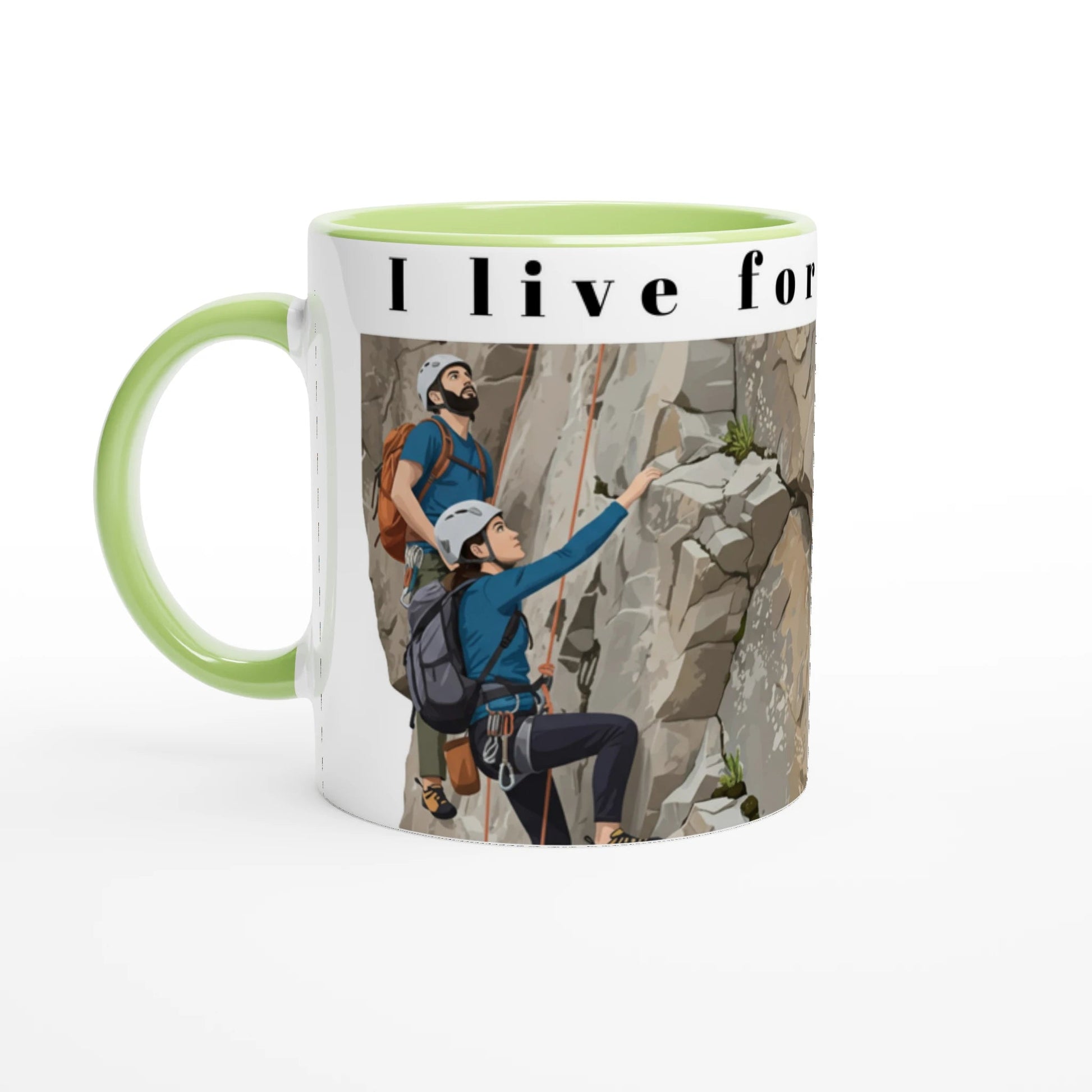 Illustrierter Kaffeepott mit zwei Kletterern an einer Felswand – Design „I Live for Climbing“ mit abenteuerlustigen Kletterern | Tassenworte - Tassenworte