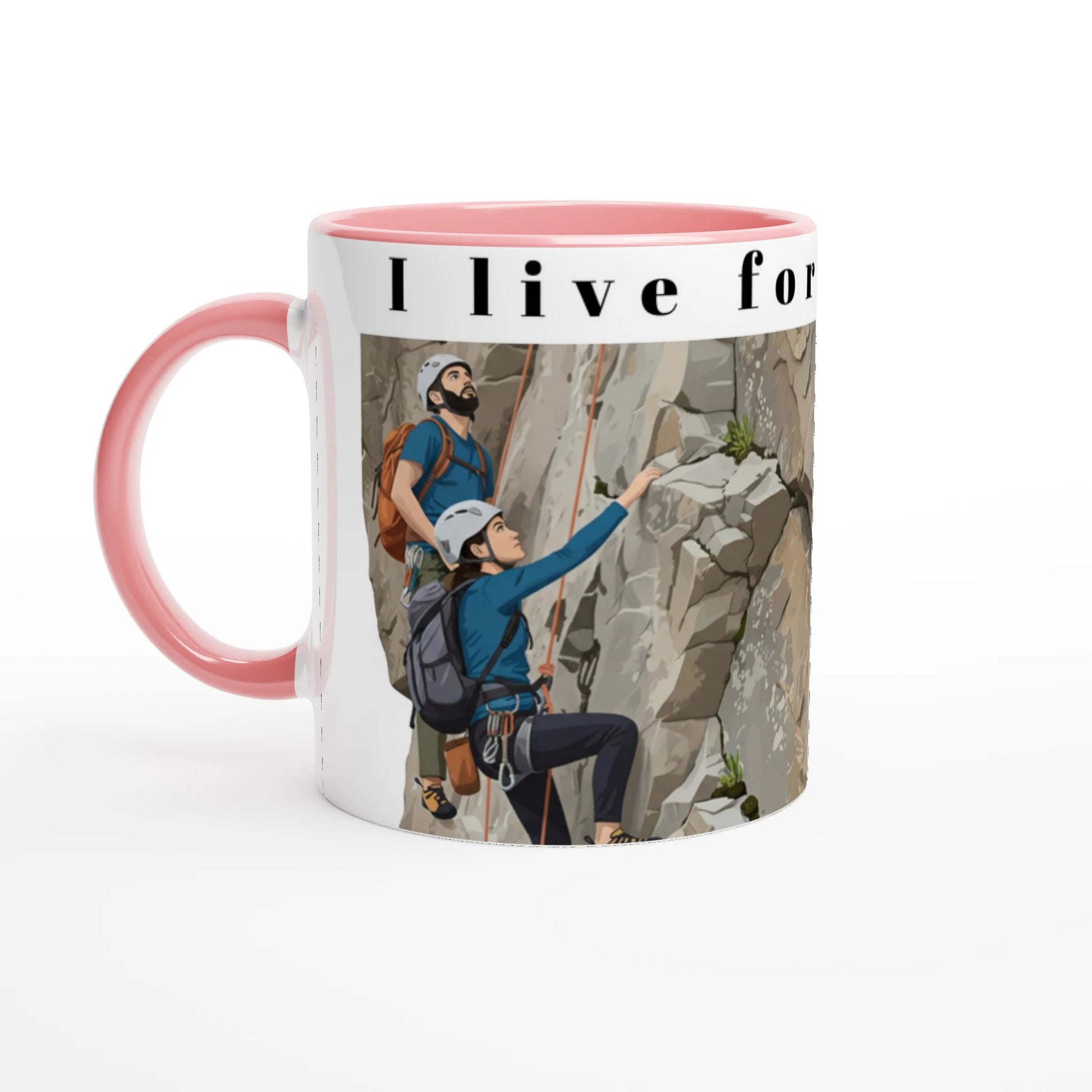 Illustrierter Kaffeepott mit zwei Kletterern an einer Felswand – Design „I Live for Climbing“ mit abenteuerlustigen Kletterern | Tassenworte - Tassenworte