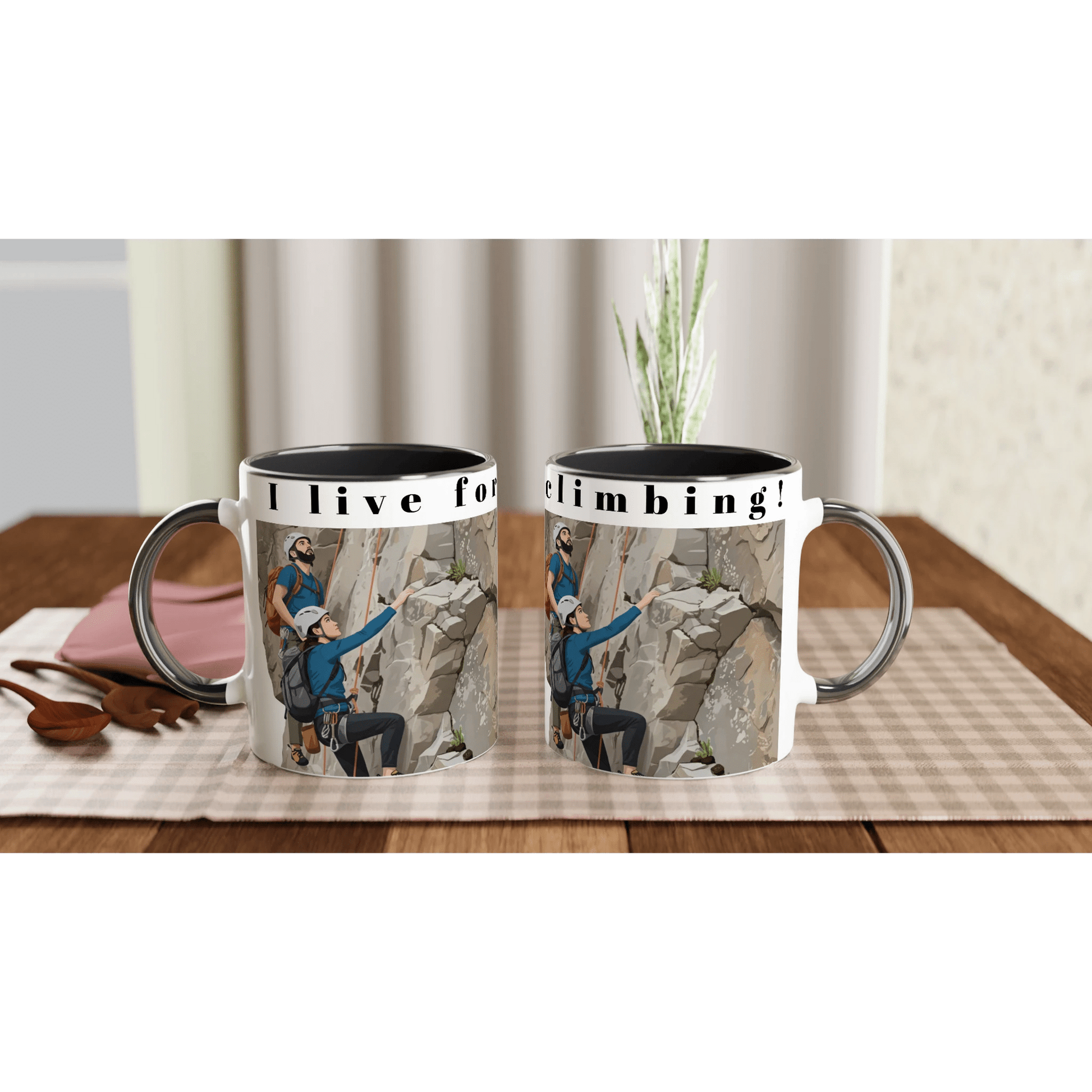 Illustrierter Kaffeepott mit zwei Kletterern an einer Felswand – Design „I Live for Climbing“ mit abenteuerlustigen Kletterern | Tassenworte - Tassenworte
