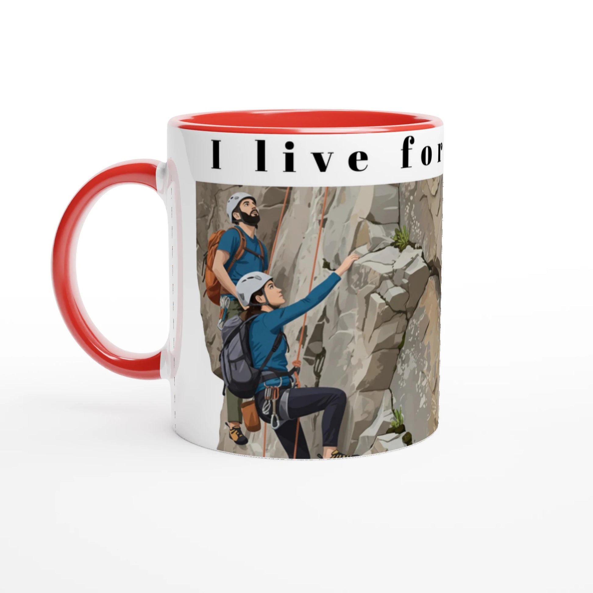 Illustrierter Kaffeepott mit zwei Kletterern an einer Felswand – Design „I Live for Climbing“ mit abenteuerlustigen Kletterern | Tassenworte - Tassenworte