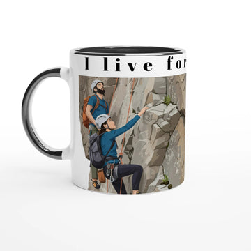 Illustrierter Kaffeepott mit zwei Kletterern an einer Felswand – Design „I Live for Climbing“ mit abenteuerlustigen Kletterern | Tassenworte - Tassenworte