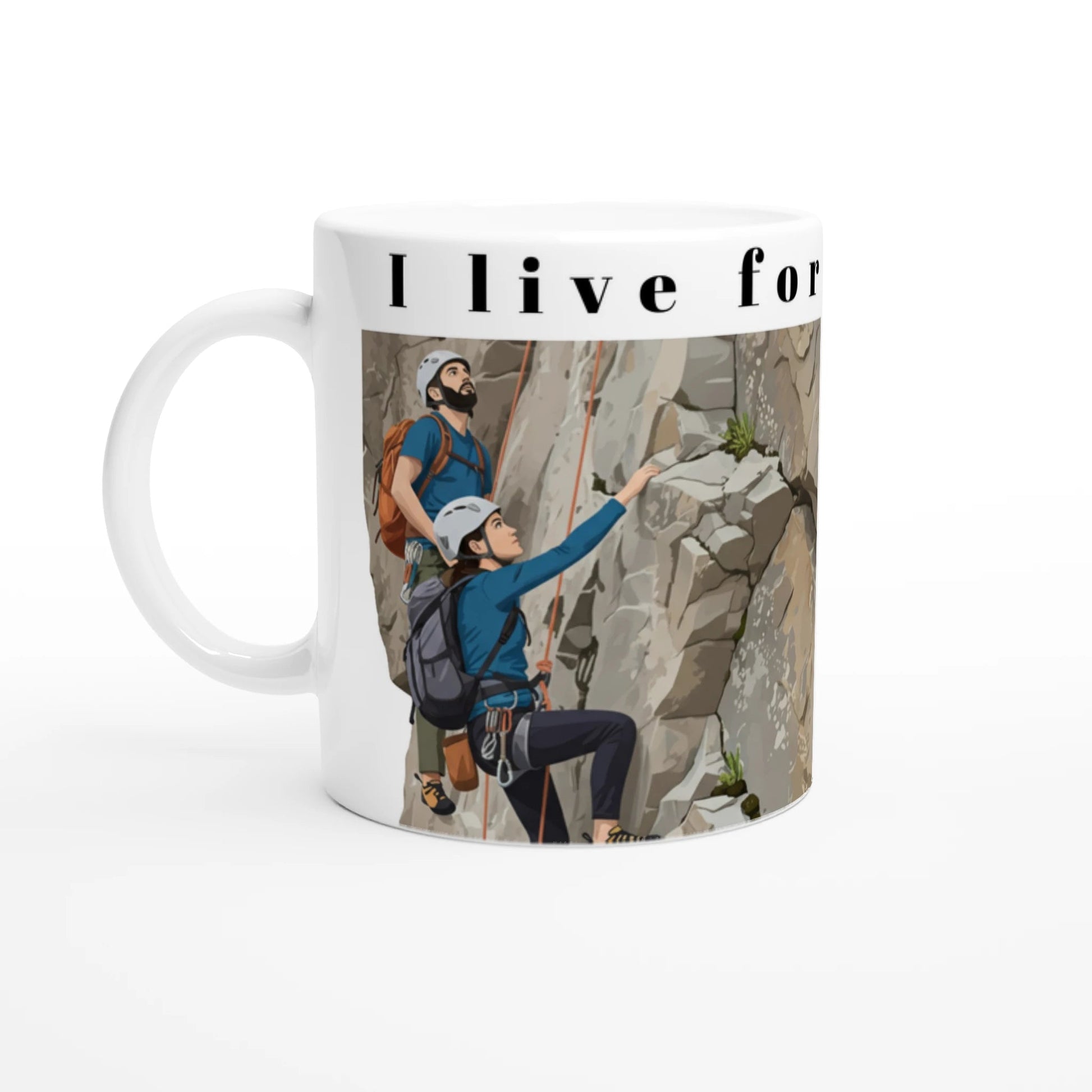 Illustrierter Kaffeepott mit zwei Kletterern an einer Felswand – Design „I Live for Climbing“ mit abenteuerlustigen Kletterern | Tassenworte - Tassenworte
