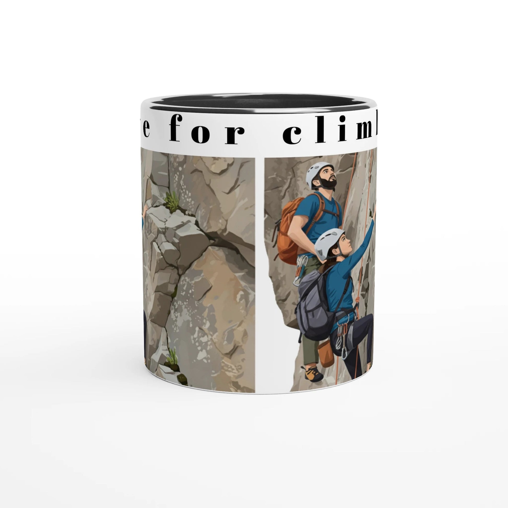 Illustrierter Kaffeepott mit zwei Kletterern an einer Felswand – Design „I Live for Climbing“ mit abenteuerlustigen Kletterern | Tassenworte - Tassenworte