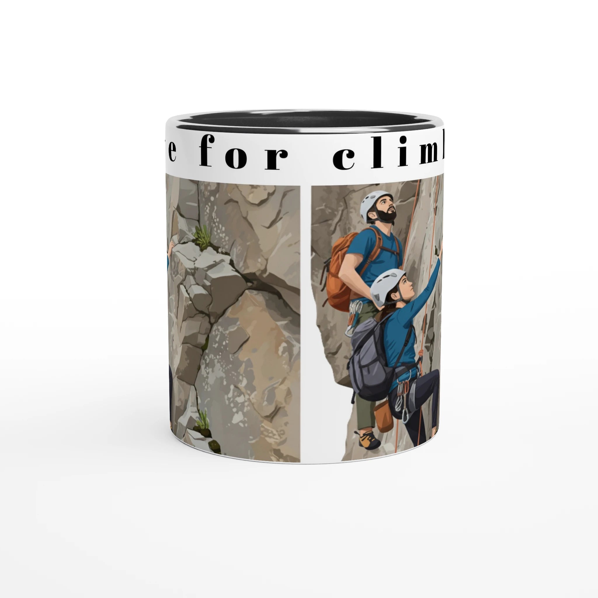 Illustrierter Kaffeepott mit zwei Kletterern an einer Felswand – Design „I Live for Climbing“ mit abenteuerlustigen Kletterern | Tassenworte - Tassenworte