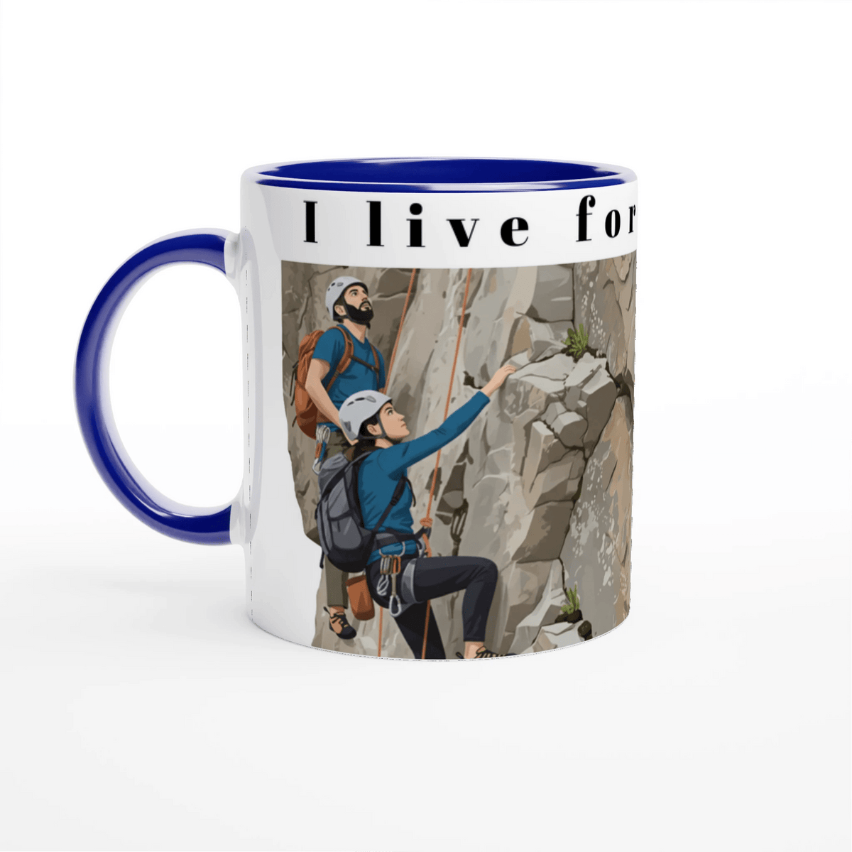 Illustrierter Kaffeepott mit zwei Kletterern an einer Felswand – Design „I Live for Climbing“ mit abenteuerlustigen Kletterern | Tassenworte - Tassenworte