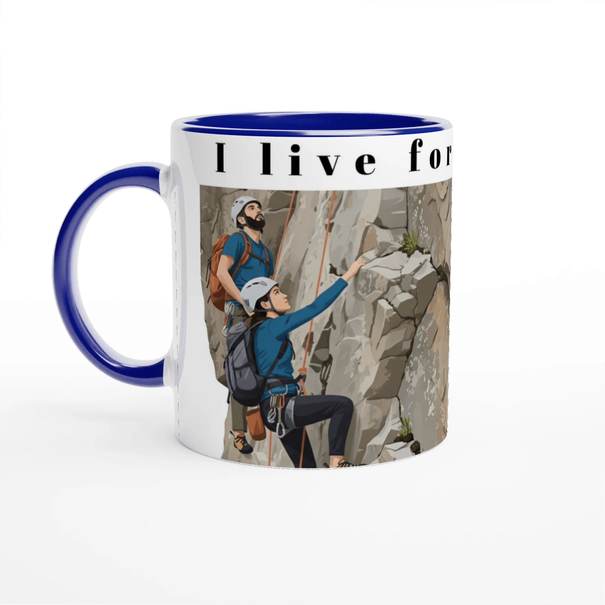 Illustrierter Kaffeepott mit zwei Kletterern an einer Felswand – Design „I Live for Climbing“ mit abenteuerlustigen Kletterern | Tassenworte - Tassenworte