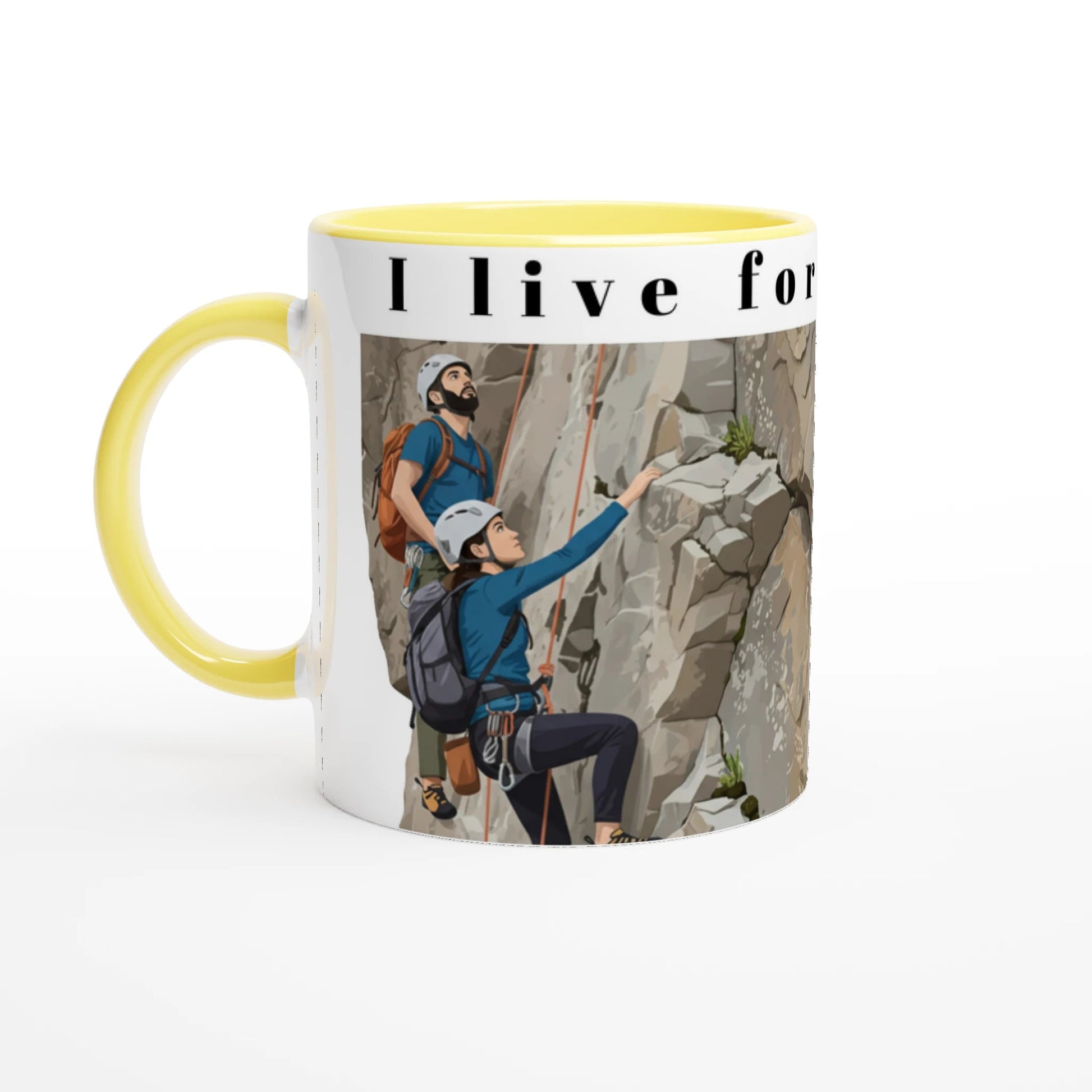 Illustrierter Kaffeepott mit zwei Kletterern an einer Felswand – Design „I Live for Climbing“ mit abenteuerlustigen Kletterern | Tassenworte - Tassenworte