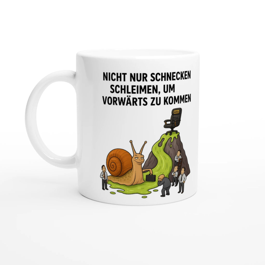 Freigestellte Tasse mit dem Spruch "Nicht nur Schnecken schleimen..." und Schnecken-Motiv.