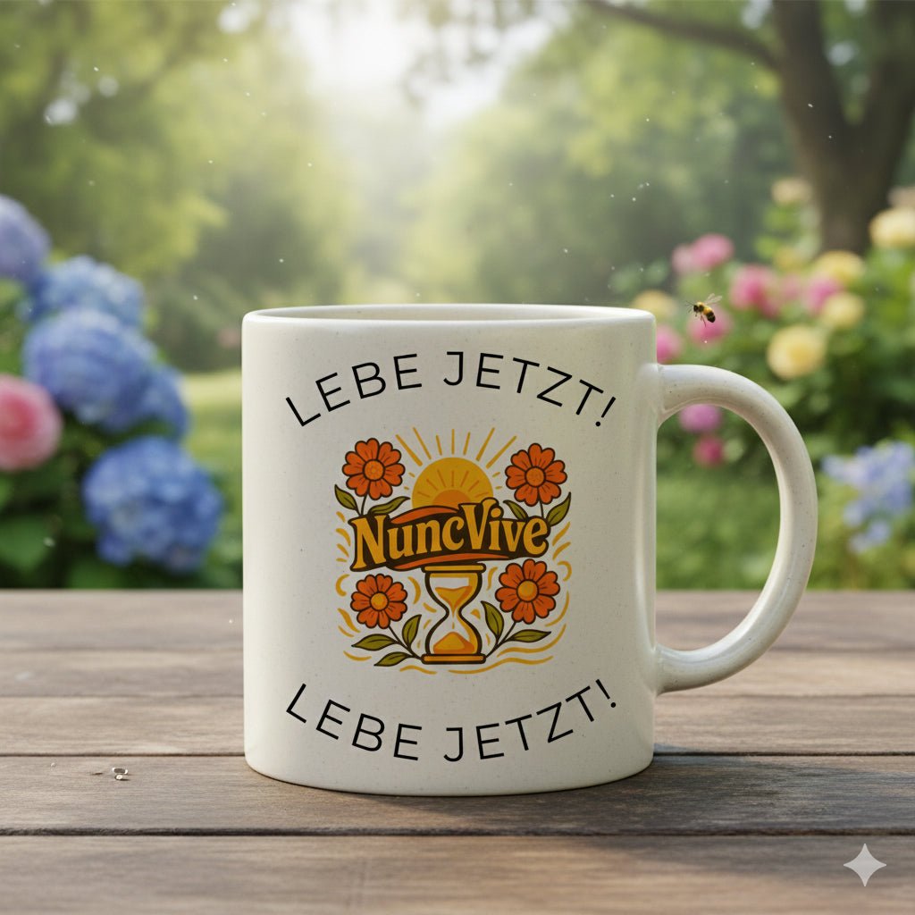 Lebe Jetzt Tasse – Minimalistische NuncVive Sanduhr Tasse | Tassenworte - Tassenworte