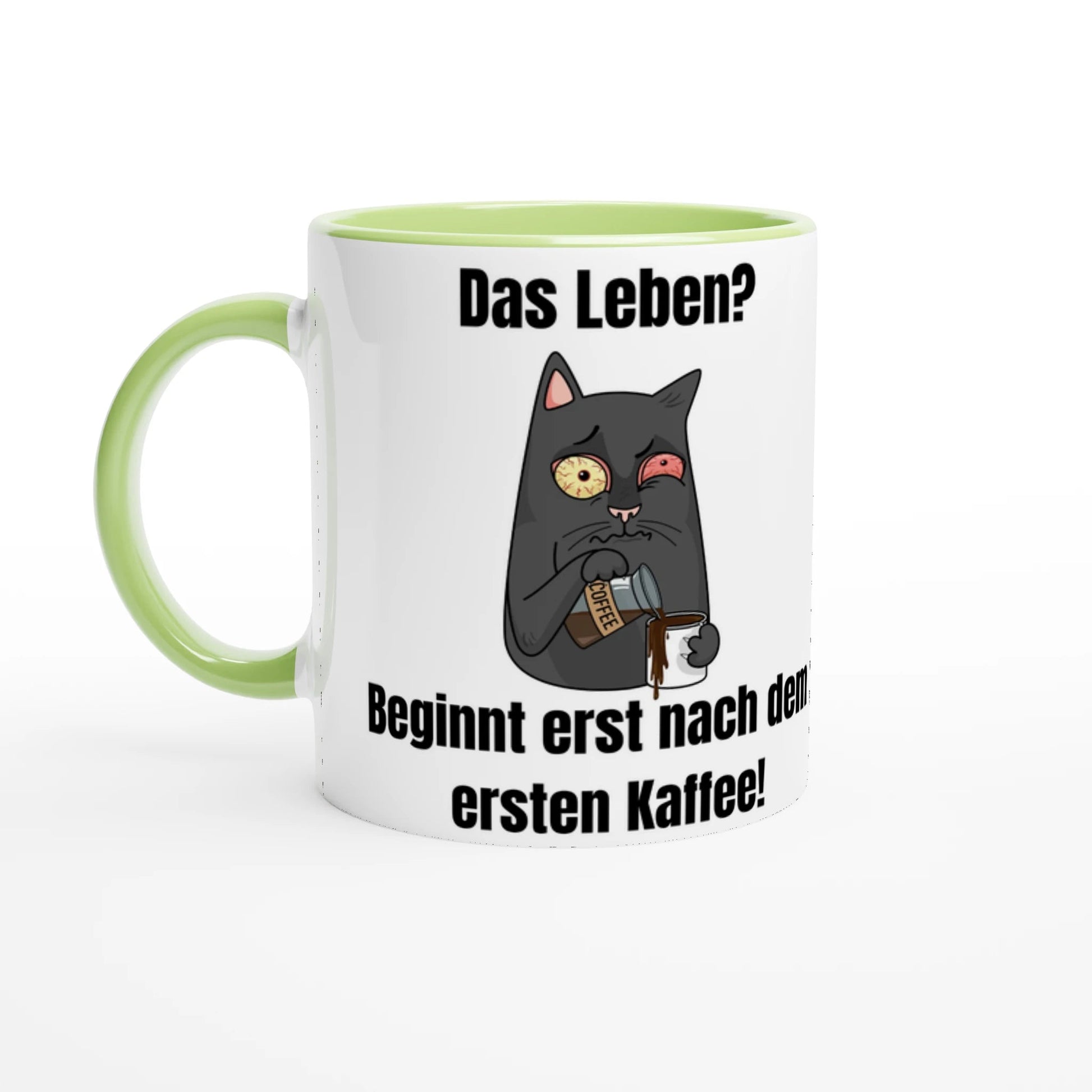 Leben? Beginnt nach Kaffee! Keramik - Tasse mit lustiger Katze und Spruch | Für Morgenmuffel | Tassenworte - Tassenworte