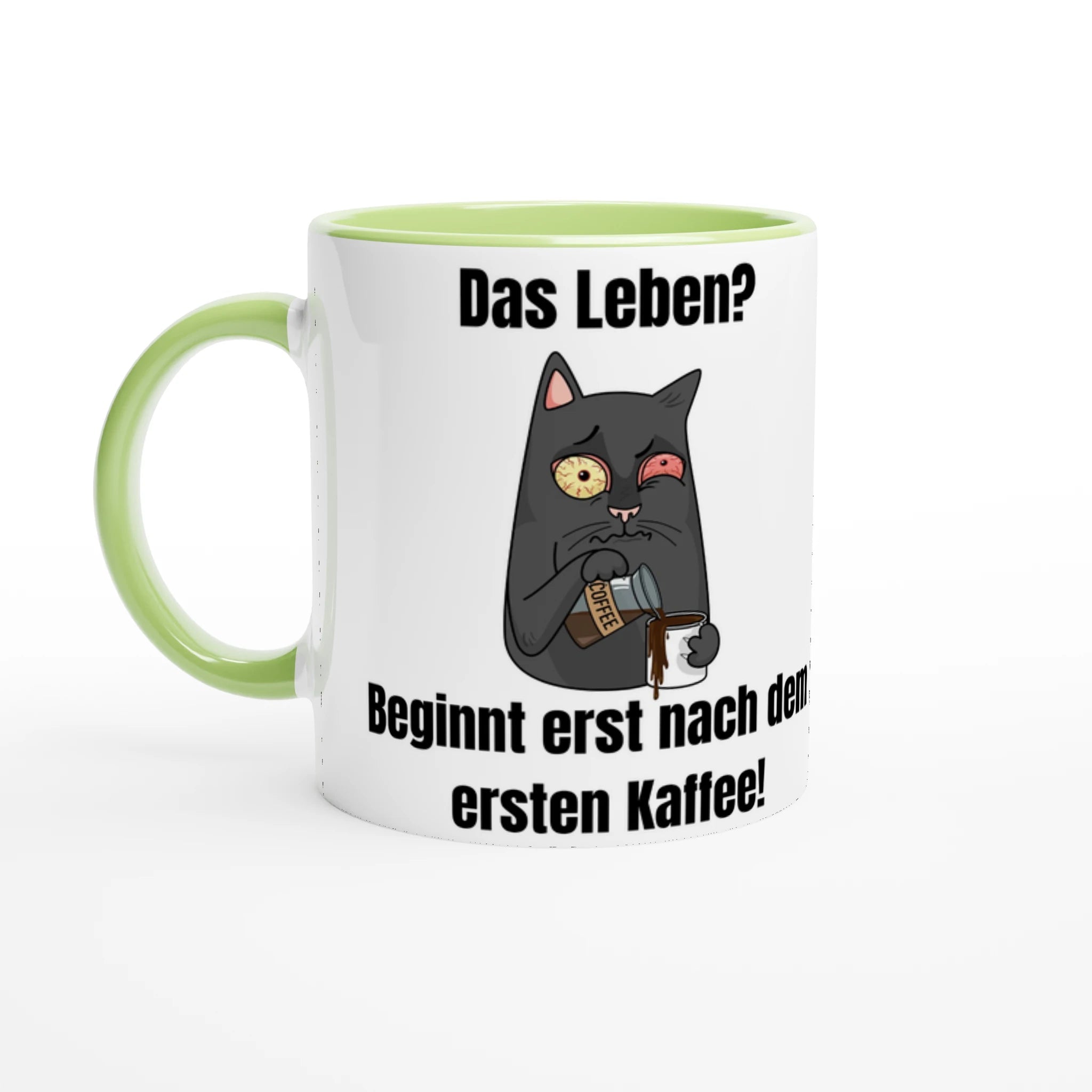 Leben? Beginnt nach Kaffee! Keramik - Tasse mit lustiger Katze und Spruch | Für Morgenmuffel | Tassenworte - Tassenworte