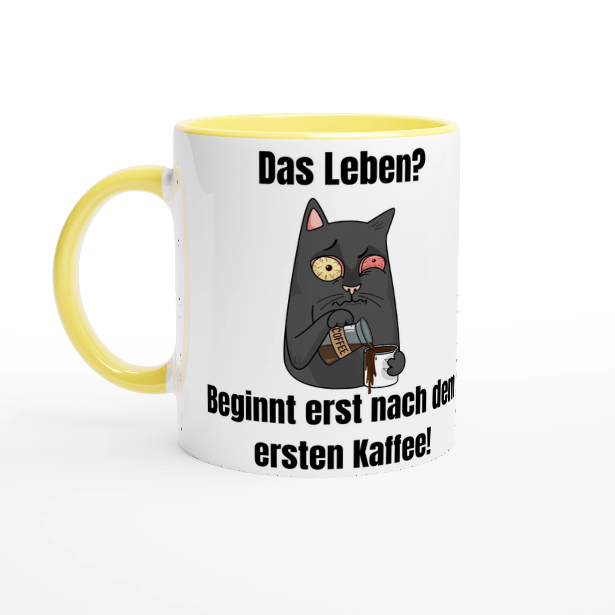 Leben? Beginnt nach Kaffee! Keramik - Tasse mit lustiger Katze und Spruch | Für Morgenmuffel | Tassenworte - Tassenworte
