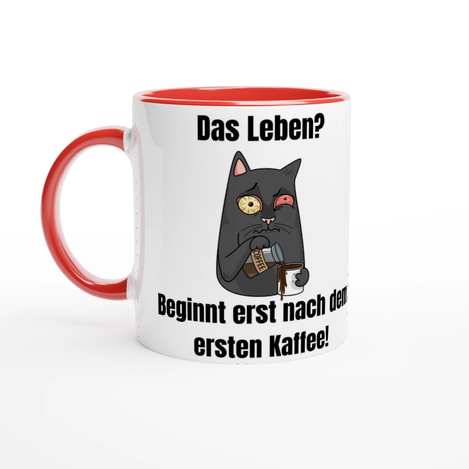 Leben? Beginnt nach Kaffee! Keramik - Tasse mit lustiger Katze und Spruch | Für Morgenmuffel | Tassenworte - Tassenworte