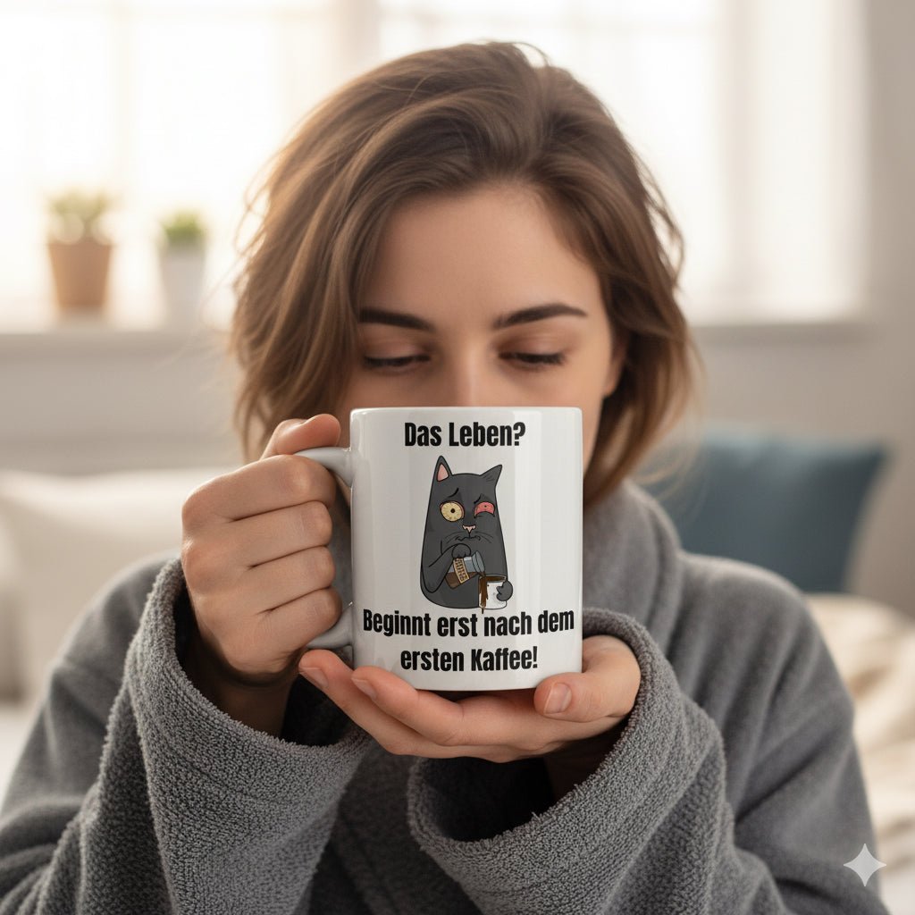 Leben? Beginnt nach Kaffee! Keramik - Tasse mit lustiger Katze und Spruch | Für Morgenmuffel | Tassenworte - Tassenworte