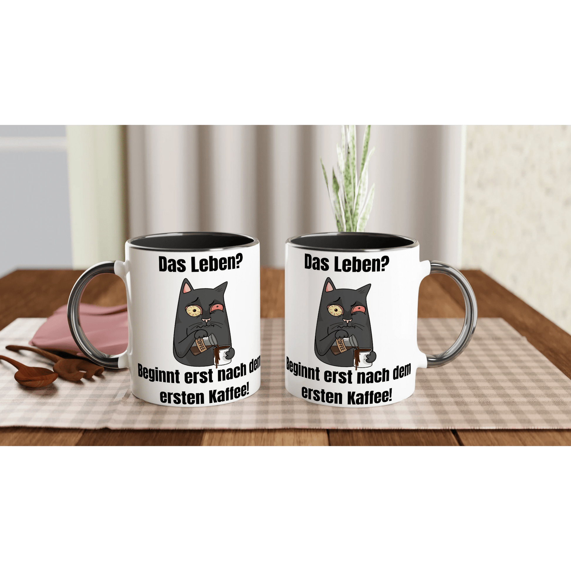 Leben? Beginnt nach Kaffee! Keramik - Tasse mit lustiger Katze und Spruch | Für Morgenmuffel | Tassenworte - Tassenworte