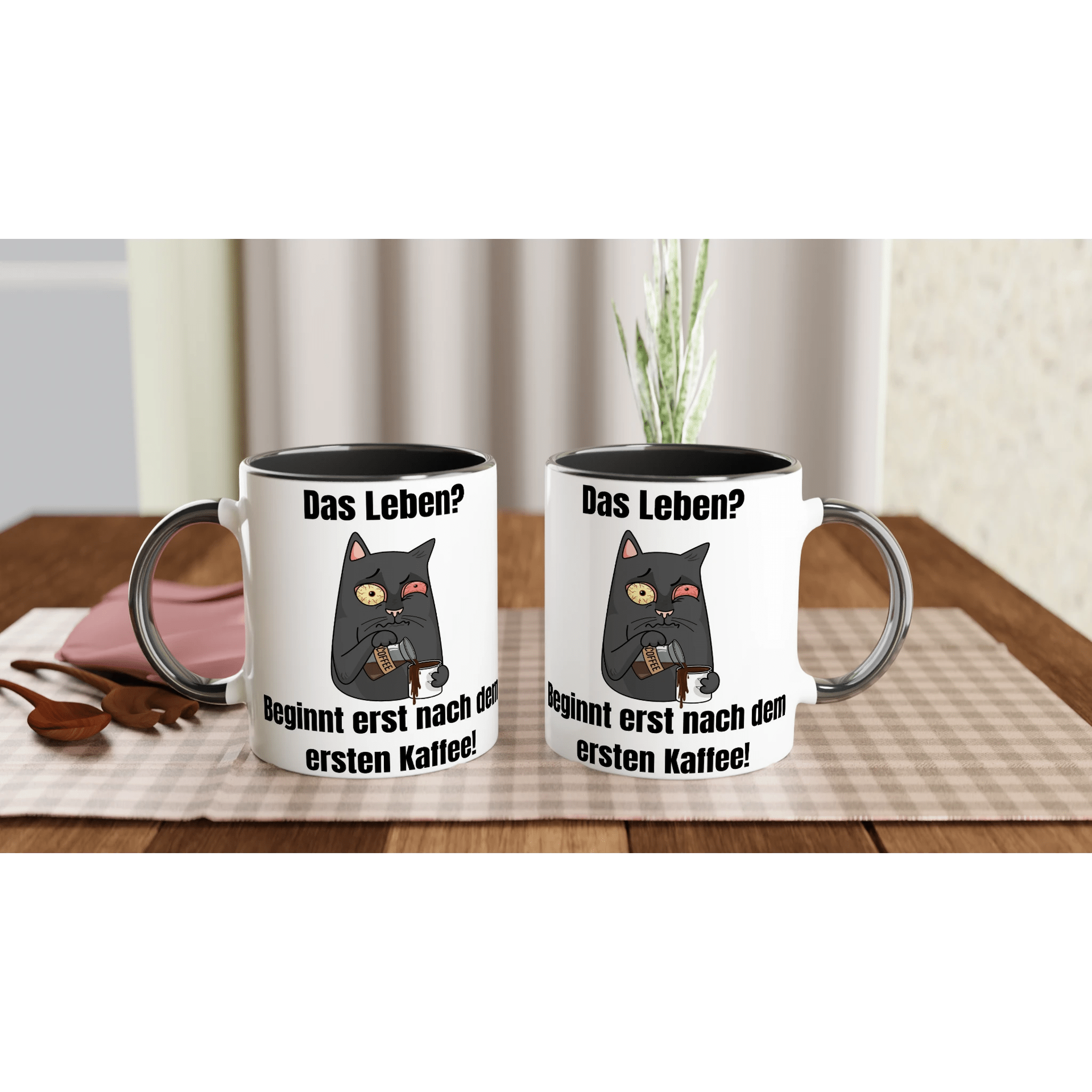 Leben? Beginnt nach Kaffee! Keramik - Tasse mit lustiger Katze und Spruch | Für Morgenmuffel | Tassenworte - Tassenworte